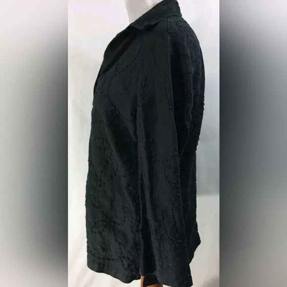 Jones New York Signature M Black 100% LINEN 3/4Slv ButtonUp Textured Women Shirt - Picture 3 of 10